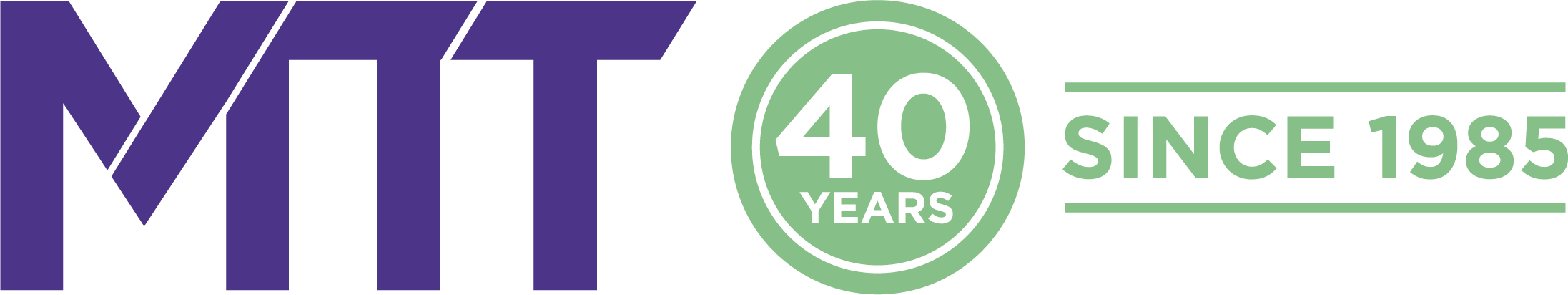 MTT logo with "40 Years Since 1985" in a circular design, celebrating its 40th anniversary.